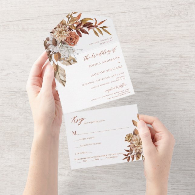 Invitation Tout En Un Elégante aquarelle Floral Terracotta (Déchirure)