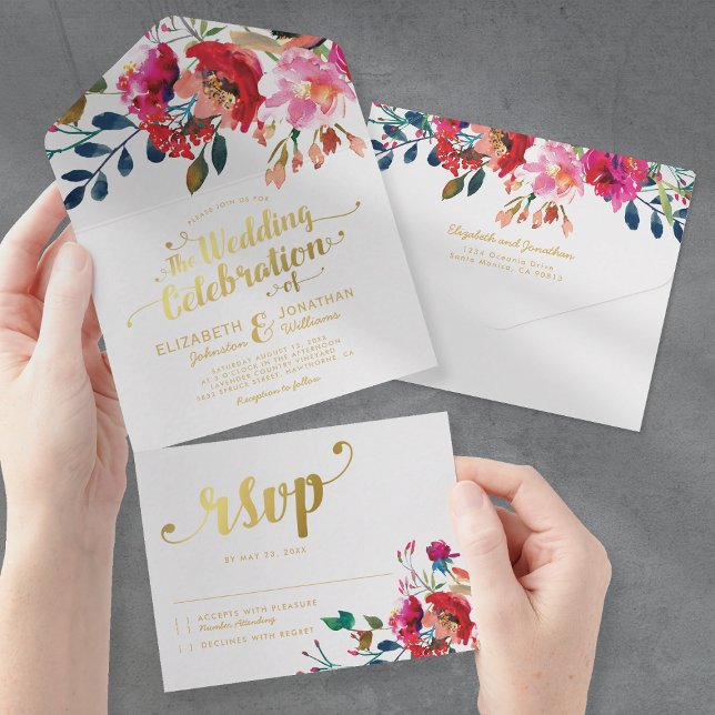 Invitation Tout En Un Elégante aquarelle florale Mariage or blanc (Créateur téléchargé)