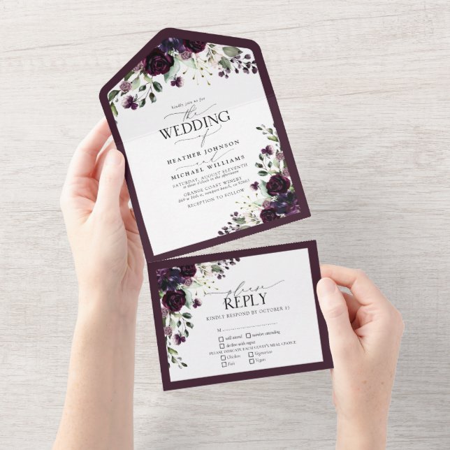 Invitation Tout En Un Elégante Aquarelle florale mauve prune (Déchirure)