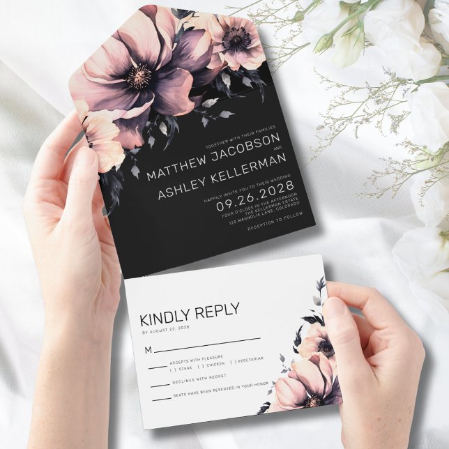 Invitation Tout En Un Elégante aquarelle moderne Mariage rose floral (Modern Elegant Watercolor Floral Pink Wedding All in One Invitation)
