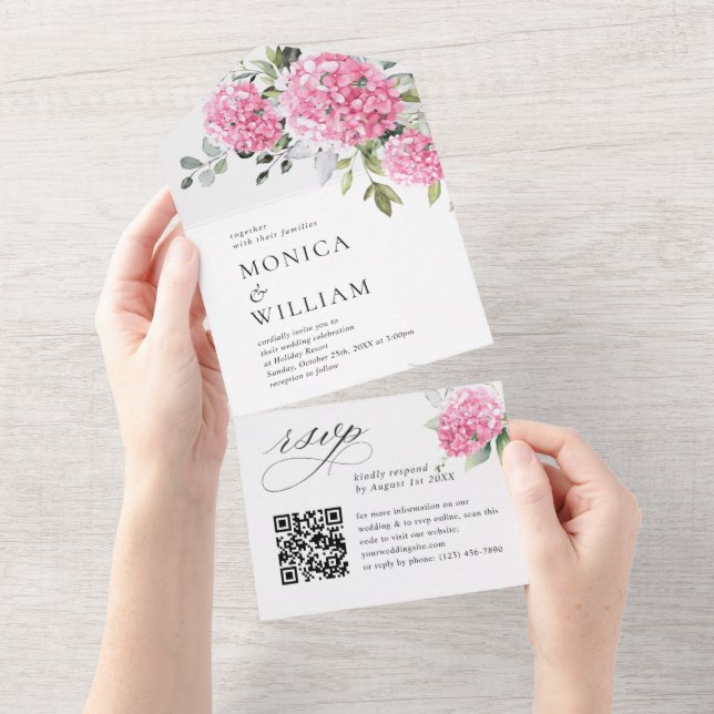 Invitation Tout En Un Elégante aquarelle rose Hydrangea Mariage code QR (Déchirure)