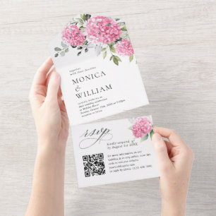 Invitation Tout En Un Elégante aquarelle rose Hydrangea Mariage code QR