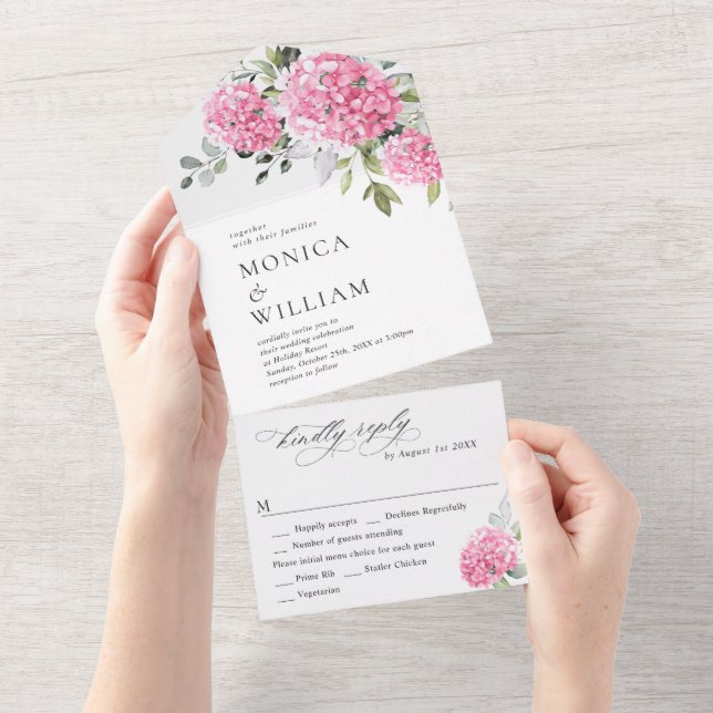 Invitation Tout En Un Elégante aquarelle rose Hydrangée Mariage floral (Déchirure)