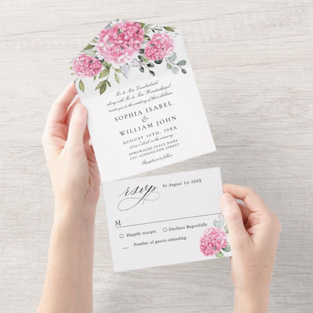 Invitation Tout En Un Elégante aquarelle rose Hydrangée Mariage floral (Déchirure)