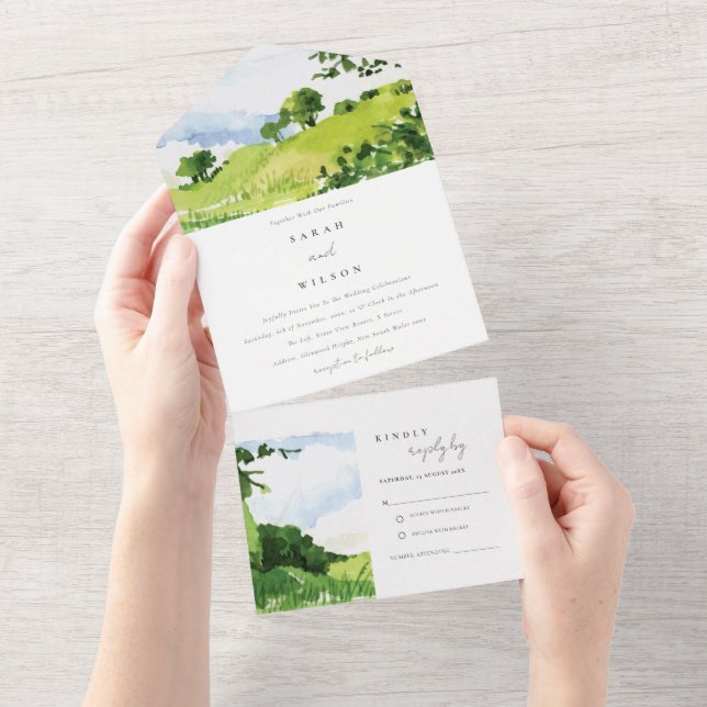 Invitation Tout En Un Elégante Aquarelle verte Campagne Hills Mariage (Déchirure)