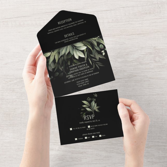 Invitation Tout En Un Elégante aquarelle verte sur Arrière - plan noir (Déchirure)