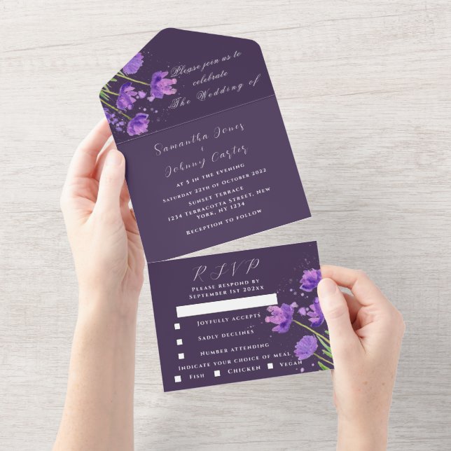Invitation Tout En Un Elégante aquarelle violet Floral Lilac Mariage (Déchirure)