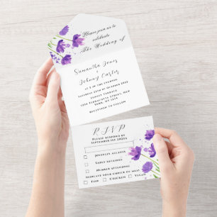 Invitation Tout En Un Elégante aquarelle violet Floral Lilac Mariage