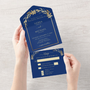 Invitation Tout En Un Elégante Arche Mariage Royal Blue et Gold Foliage