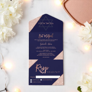 Invitation Tout En Un Élégante Bar Mitzvah rose gold pailleté bleu marin