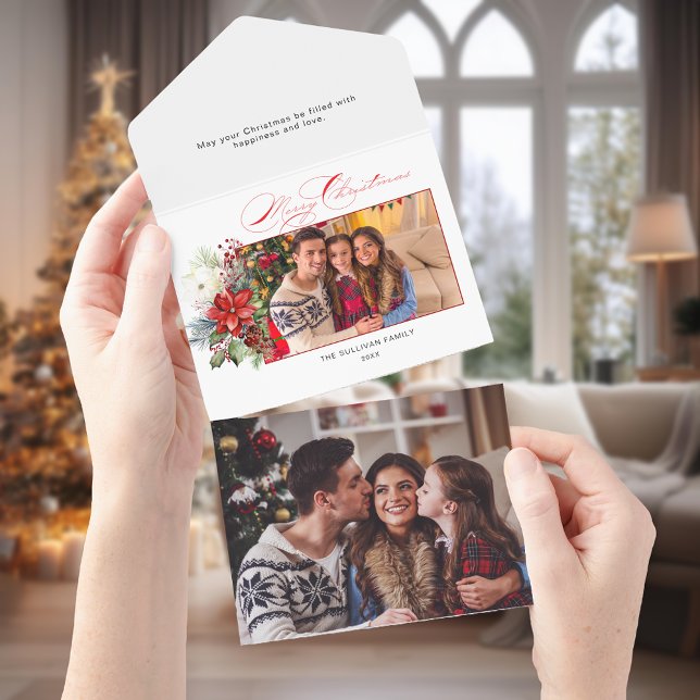 Invitation Tout En Un Élégante Calligraphie de Noël Joyeux Floral Photo (Créateur téléchargé)