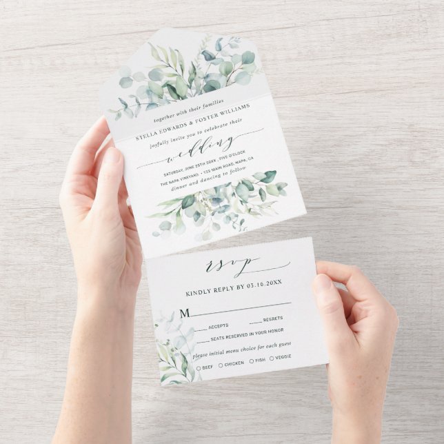 Invitation Tout En Un Élégante calligraphie Green Foliage Mariage (Déchirure)