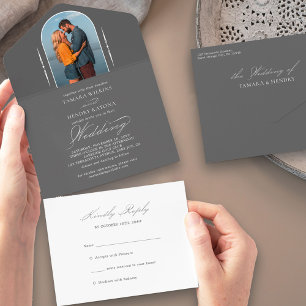 Invitation Tout En Un Élégante Calligraphie Grise Photo RSVP Mariage