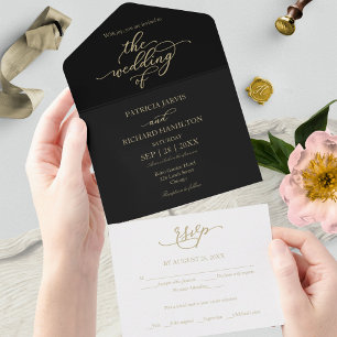 Invitation Tout En Un Élégante calligraphie or Mariage noir