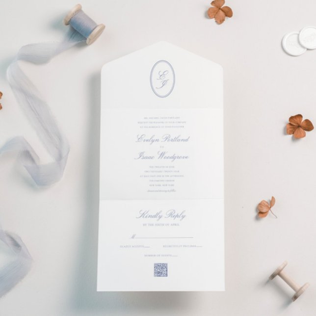 Invitation Tout En Un Élégante calligraphie RSVP Dusty Blue QR Code (Créateur téléchargé)