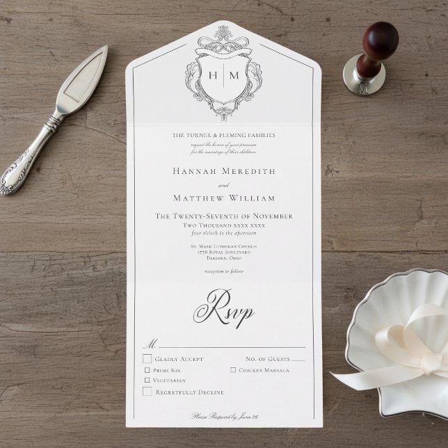 Invitation Tout En Un Élégante Chinoiserie noire Mariage Bird Crest (Créateur téléchargé)