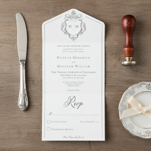 Invitation Tout En Un Élégante Chinoiserie noire Mariage Bird Crest