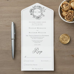 Invitation Tout En Un Élégante Chinoiserie noire Mariage Bird Crest