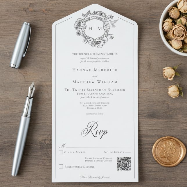 Invitation Tout En Un Élégante Chinoiserie noire Mariage de crête d'oise (Créateur téléchargé)