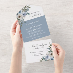Invitation Tout En Un Elégante couleur bleu azur Mariage floral