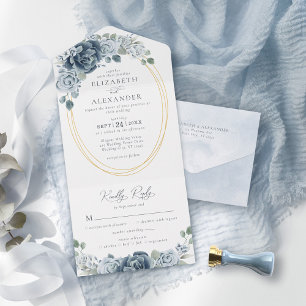 Invitation Tout En Un Elégante couleur bleu azur Mariage floral