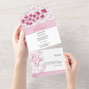 Invitation Tout En Un Elégante couleur d'aquarelle rose cerise fleurs