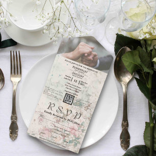 Invitation Tout En Un Elégante crème rose aquarelle Floral QR Code photo