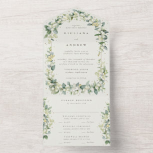 Invitation Tout En Un Elégante Crème Snowberry+Eucalyptus Mariage d'hive