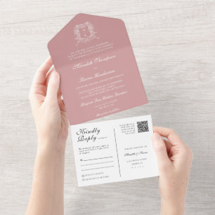 Invitation Tout En Un Élégante crête Vintage rose Dusty Code QR Photo