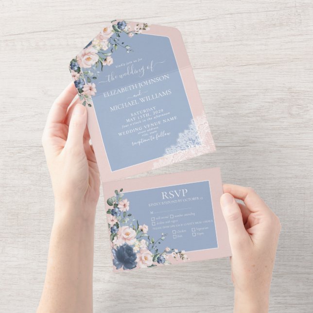 Invitation Tout En Un Elégante dentelle rustique rose-bleu-bleu-bleu-ble (Déchirure)