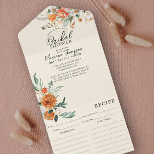 Invitation Tout En Un Elégante Fête des mariées Florale Orange & Recette