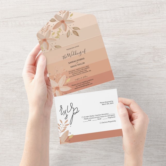 Invitation Tout En Un Elégante Fleurs d'aquarelle en terre cuite Ombre (Déchirure)