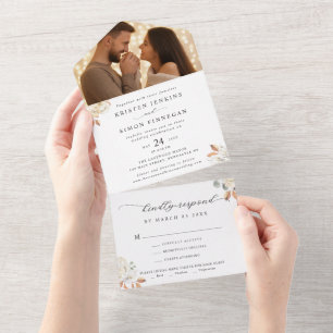 Invitation Tout En Un Élégante Fleurs d'automne Script Mariage photo