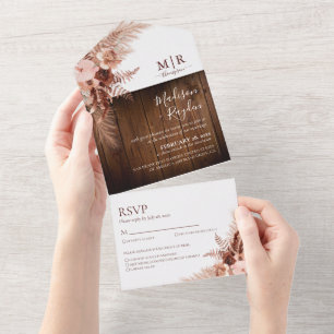 Invitation Tout En Un Élégante laiton de Pampas Boho avec Mariage en boi