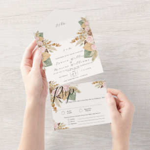 Invitation Tout En Un Élégante laiton de Pampas Florale tout en un Maria