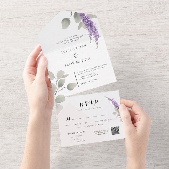 Invitation Tout En Un Élégante Lavande Greeny Eucalyptus Mariage Feuille (Déchirure)