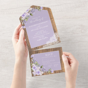 Invitation Tout En Un Élégante Lavande Lilac Rustique Mariage de dentell