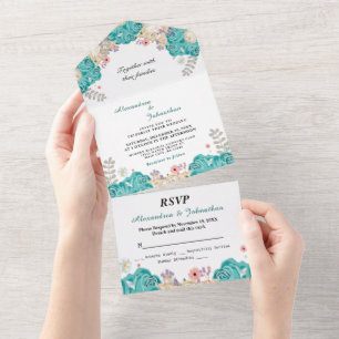 Invitation Tout En Un Elégante Mariage Vert Beige Rose Fleurs