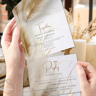 Invitation Tout En Un Élégante Pampas d'ivoire et d'or Boho