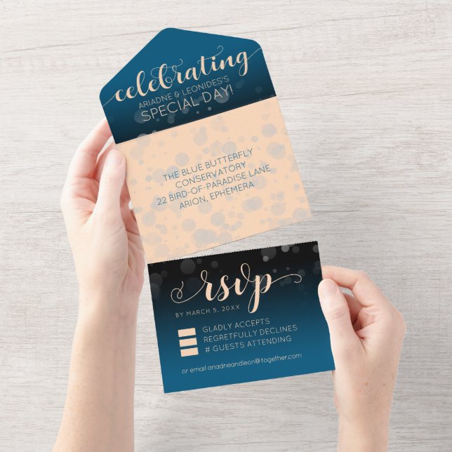 Invitation Tout En Un Elégante Pêche Mariage bleu océanique (Déchirure)