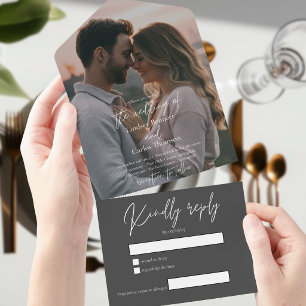 Invitation Tout En Un Élégante photo de mariage moderne grise avec RSVP