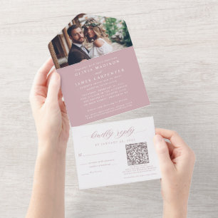 Invitation Tout En Un Elégante photo RSVP QR Code Dusty Rose Mariage