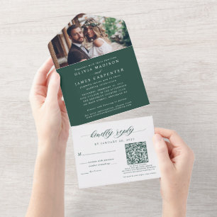 Invitation Tout En Un Elégante photo RSVP QR Code Emerald Green Mariage