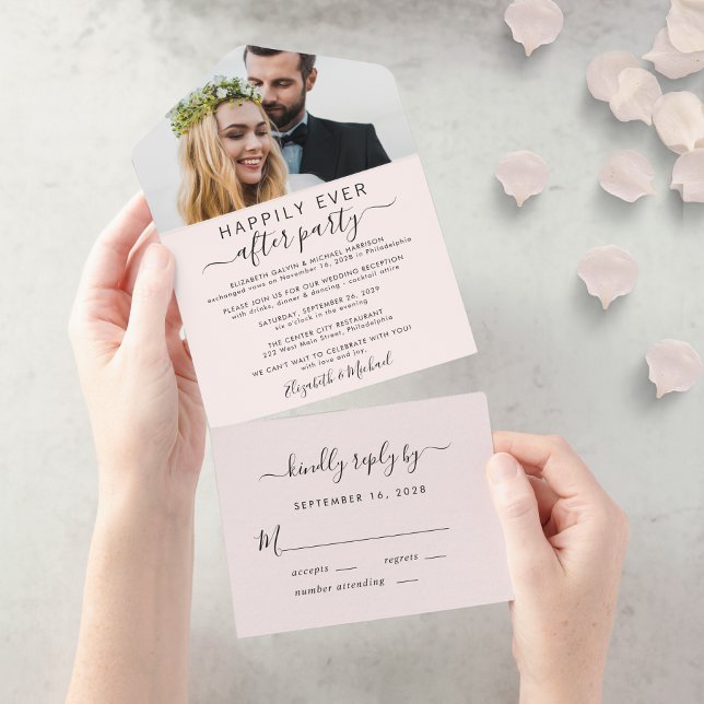 Invitation Tout En Un Elégante Réception De Mariage Rose Photo (Créateur téléchargé)