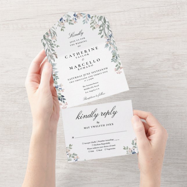 Invitation Tout En Un Elégante végétation fleurie Cascade Mariage (Déchirure)