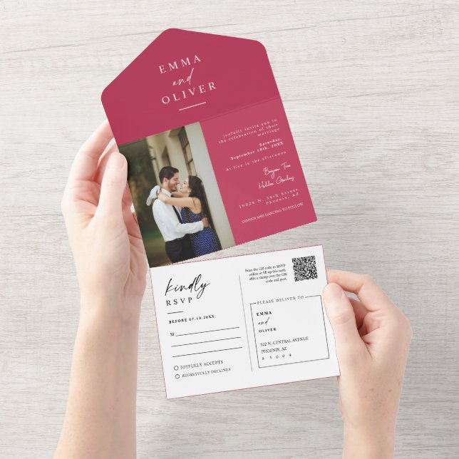 Invitation Tout En Un Elégante Viva Magenta QR Code photo RSVP (Déchirure)