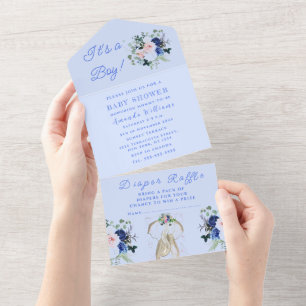 Invitation Tout En Un Eléphant Baby shower mignon C'est un garçon Floral