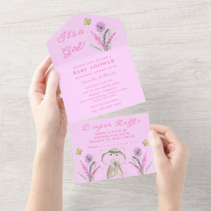 Invitation Tout En Un Eléphant Baby shower mignon C'est une fille rose f