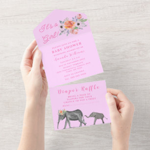 Invitation Tout En Un Eléphant Baby shower mignon C'est une fille rose f