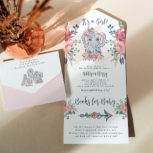 Invitation Tout En Un Elephant C'est une fille Baby shower rose